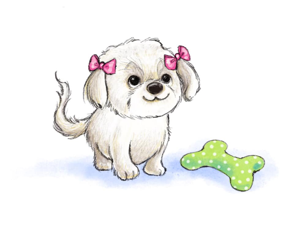 Small cute white dog with pink bows and a green toy bone