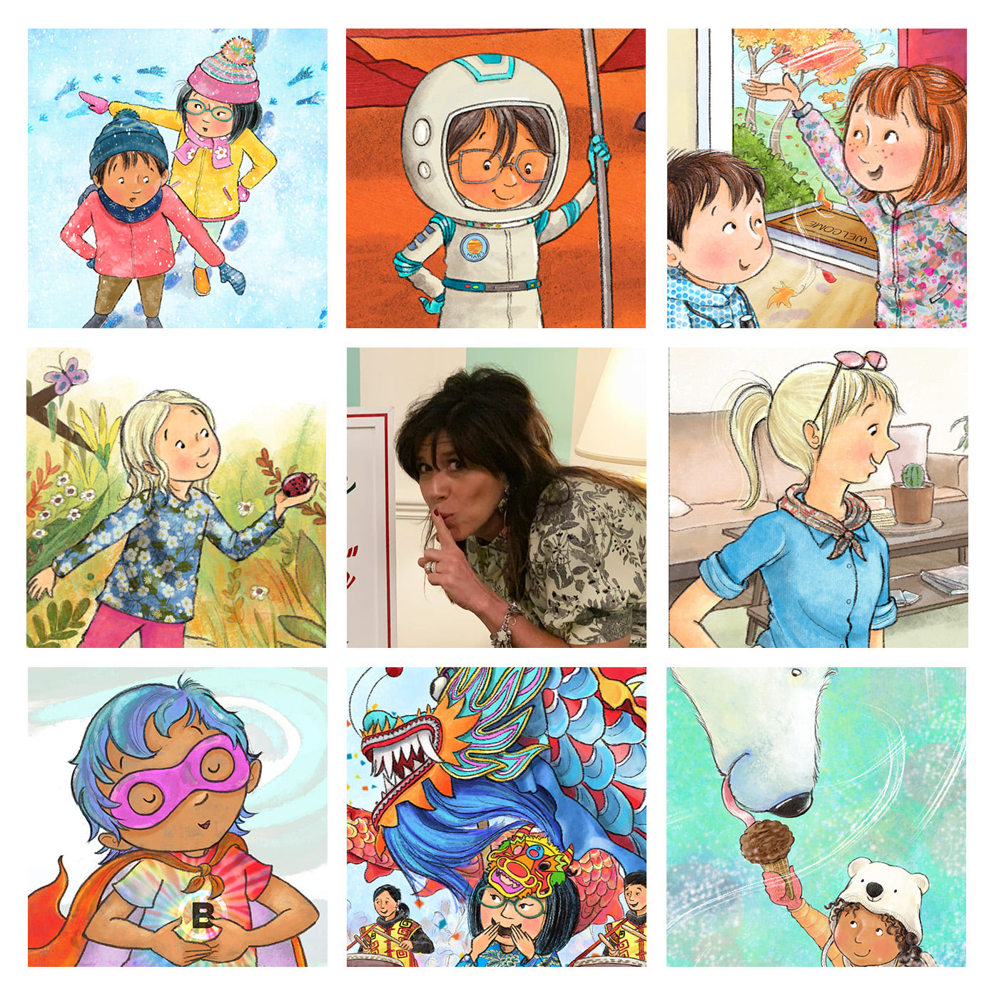 Photo of Tammie Lyon and a collection of her illustrations