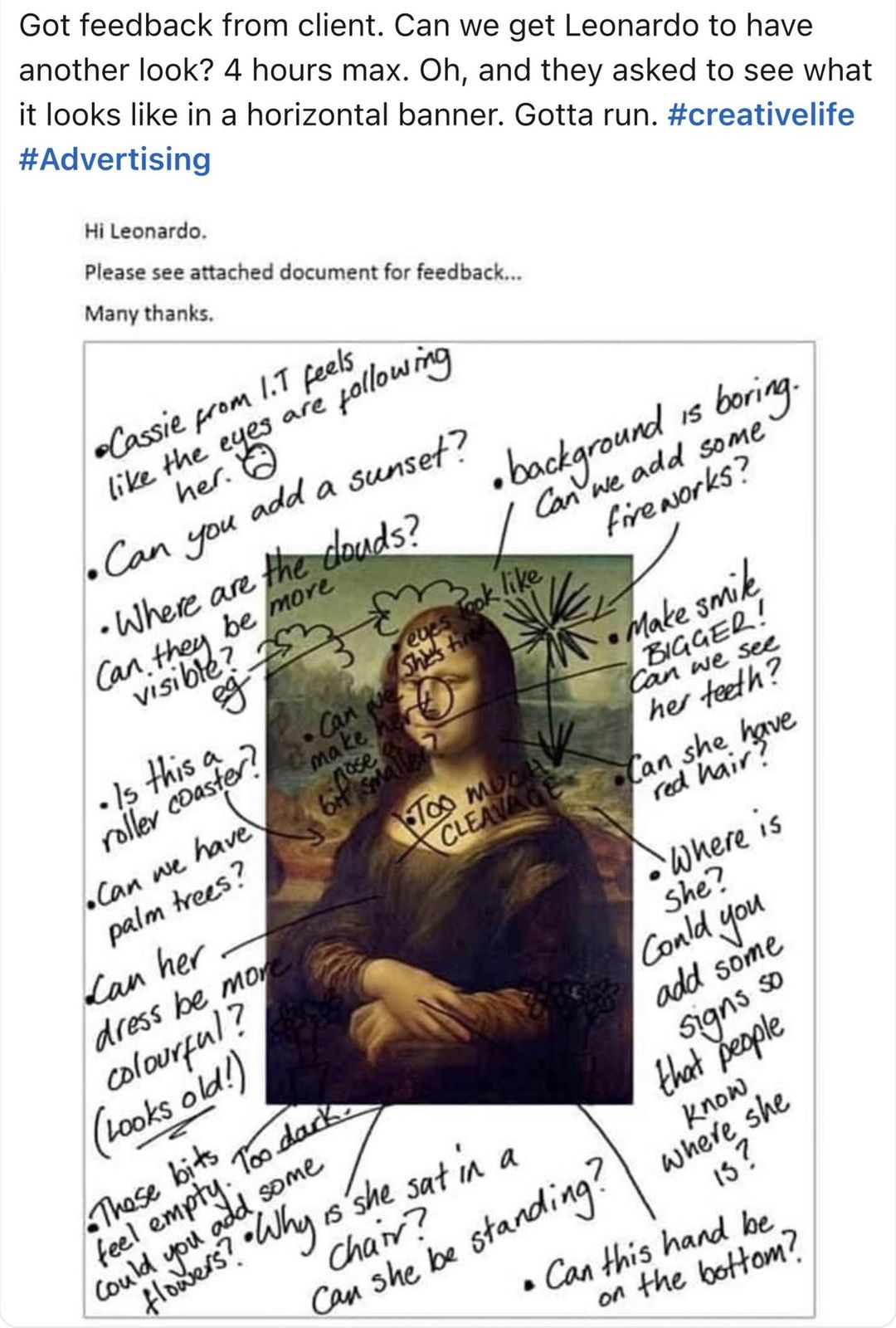 Mona Lisa with criticisms all over it.