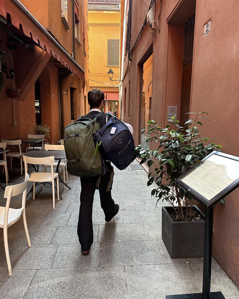 Finally someone else carrying my backpack! Welcome to Bologna