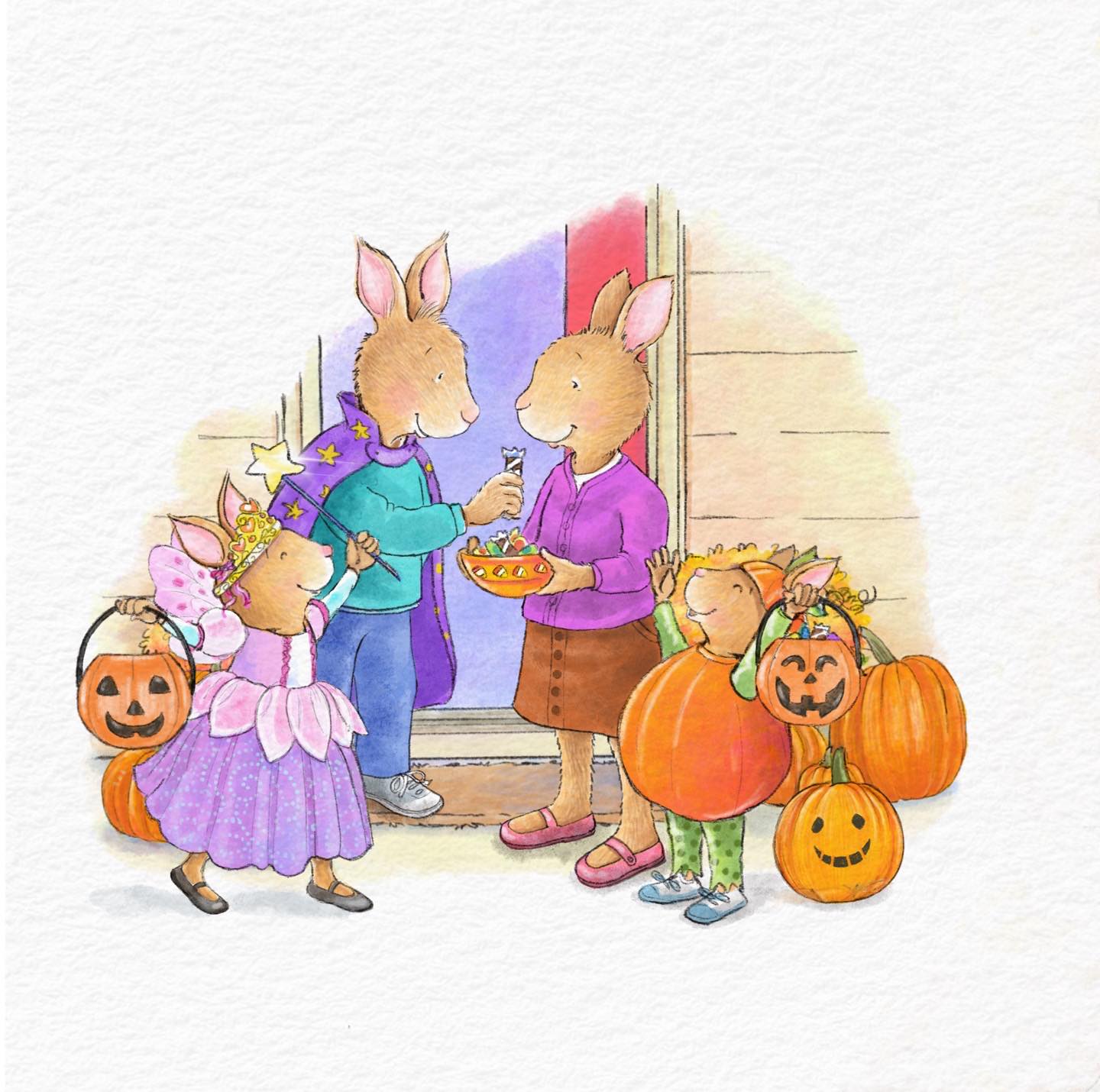 Busy Bunnies on doorstep with pumpkins