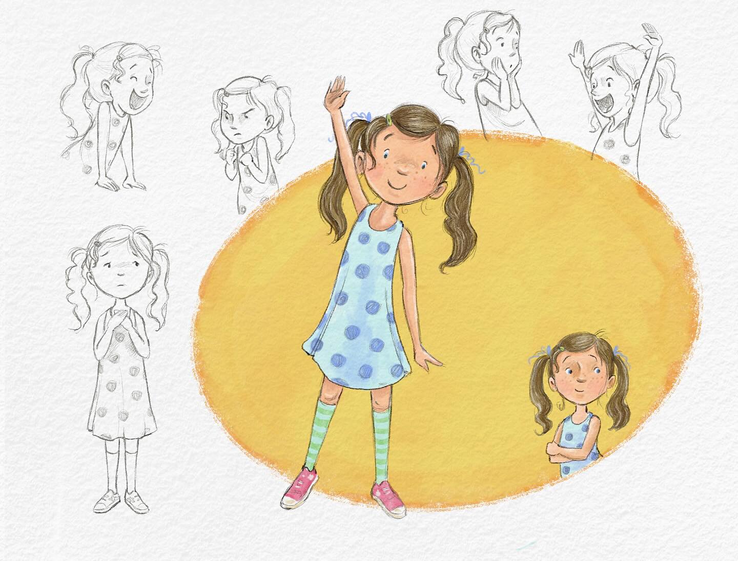 Young girl with sketches of different expressions