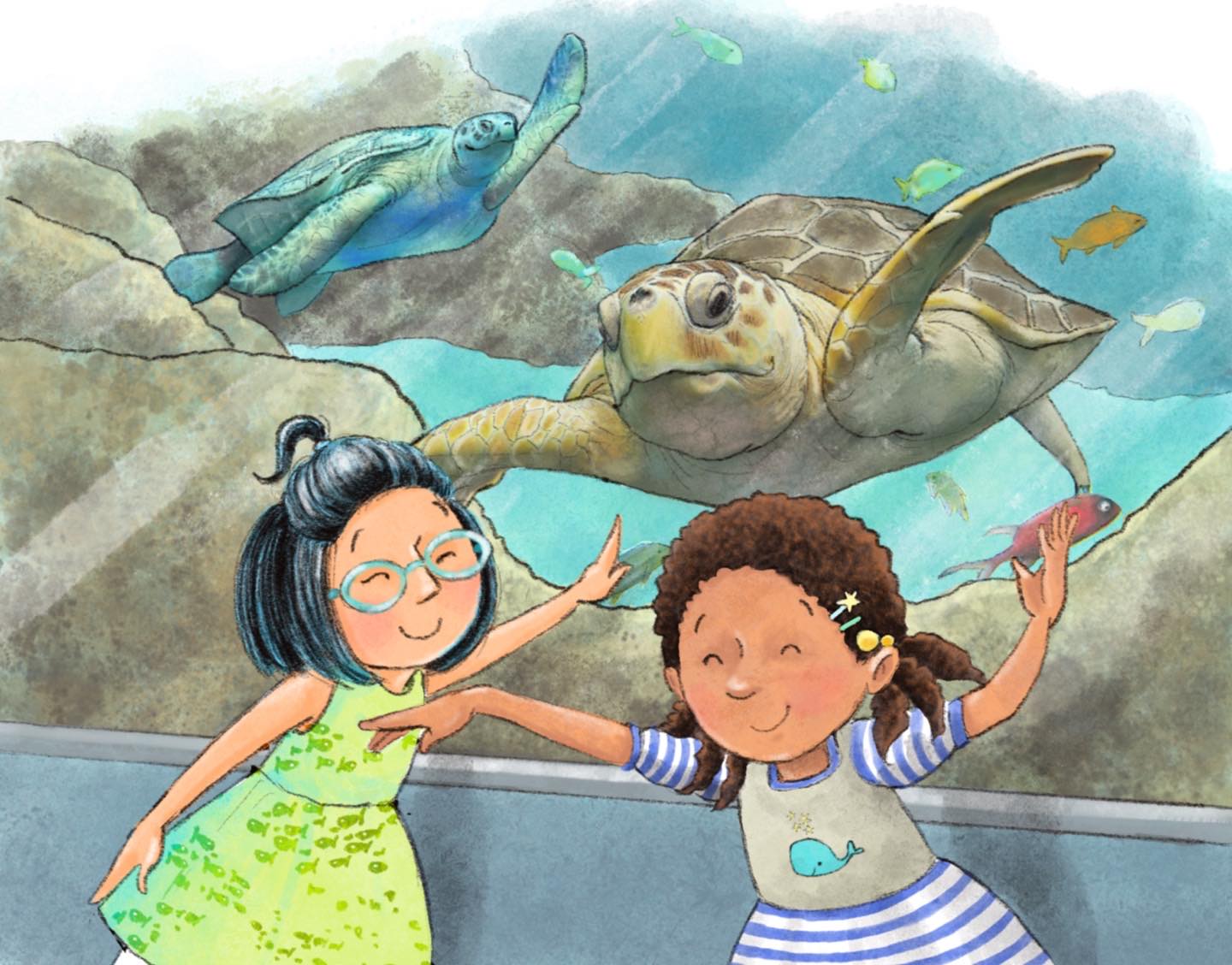 Katie Woo with a friend in the underwater tunnel at an aquarium with turtles