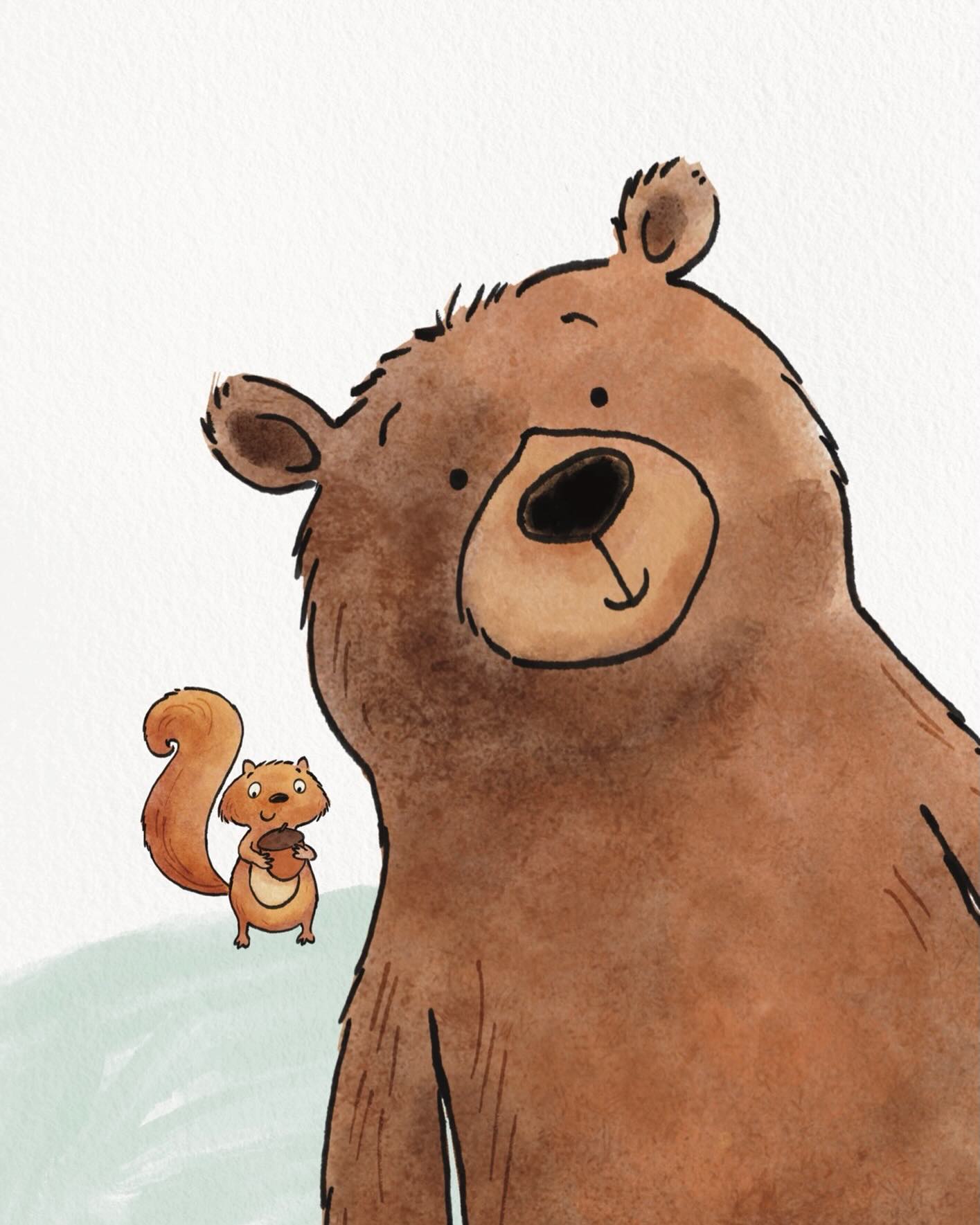 Small squirrel sitting next to a big bear